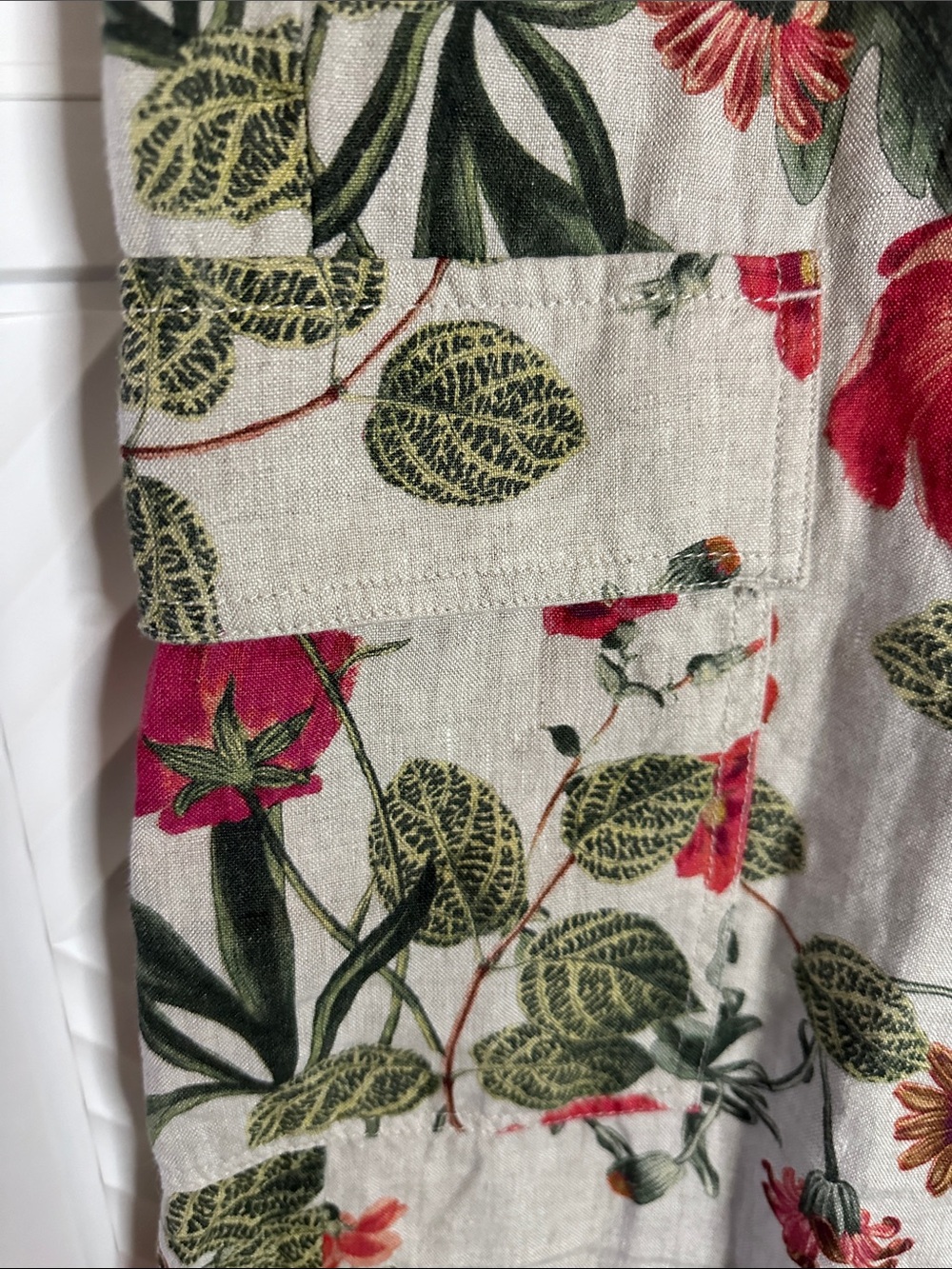 Chico's Beige 100% Linen Top with Red Floral & Green Leaves - Picture 5 of 10